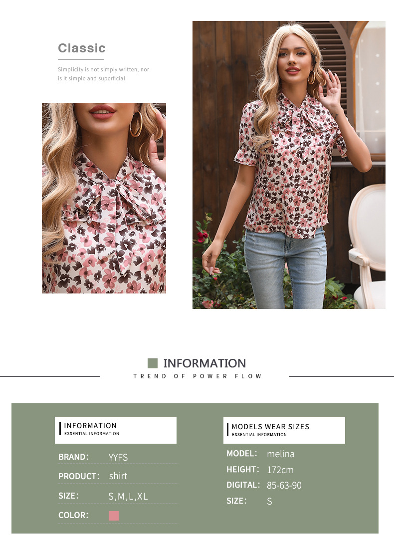 Top rosa a maniche corte Camicie floreali larghe con fiocco stampato_voghion.com