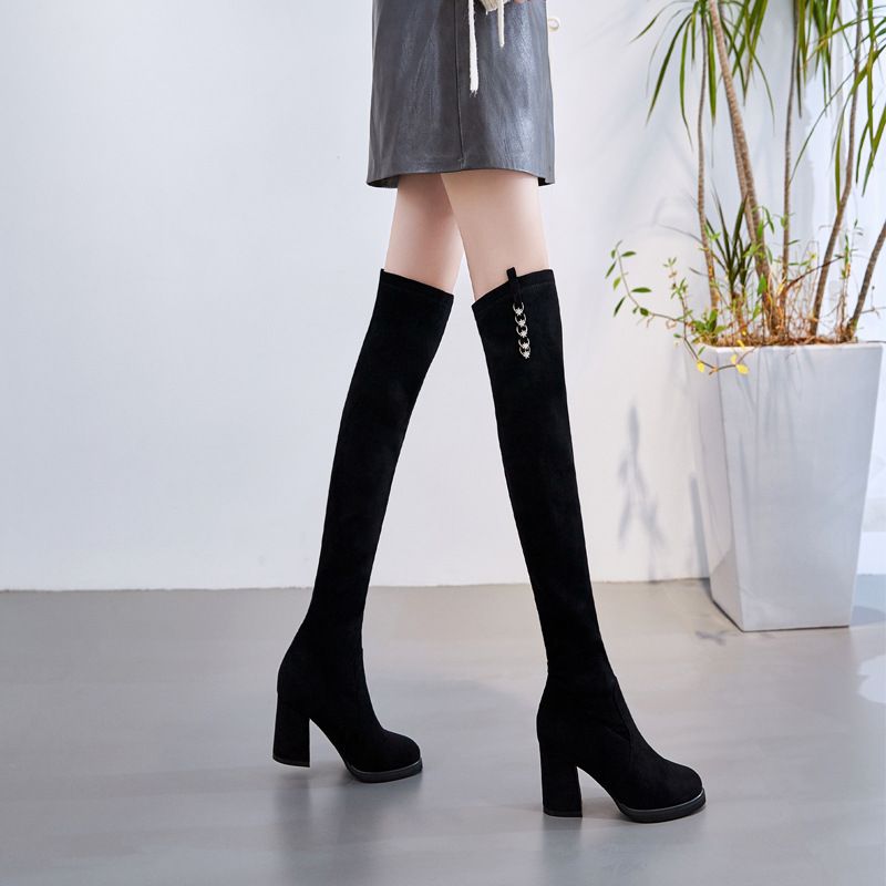 Autumn Winter Over-the-Knee For Women, Chunky Suede Slimming Elastic Lined High Heel Boots, Women's Long Boots_voghion.com