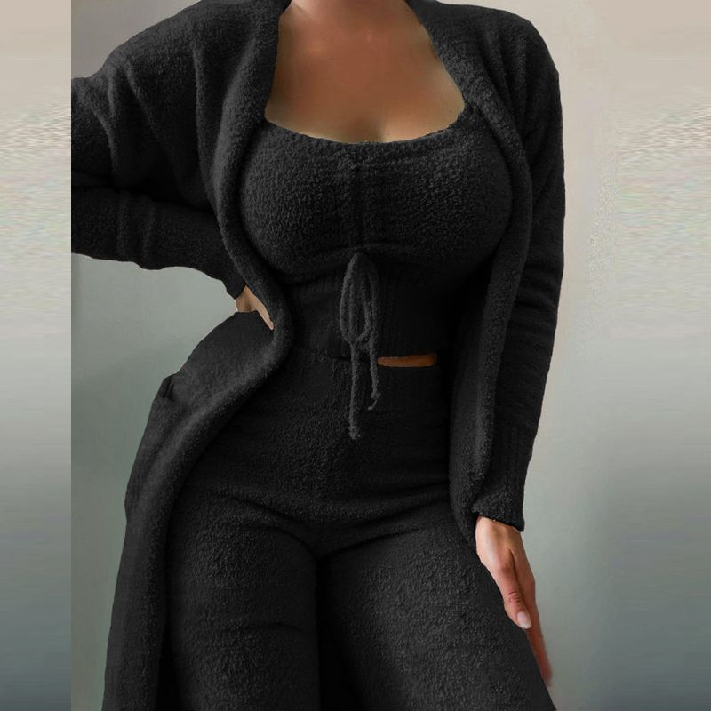 Damenmode lässig Plüsch Schnürung Strickjacke 3 Hosenanzüge_voghion.com