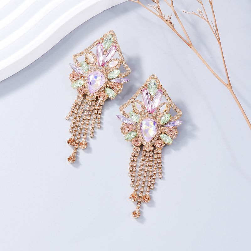 Exaggerated heavy earrings retro personality geometric earrings full of diamond tassel light luxury style earrings female accessories_voghion.com