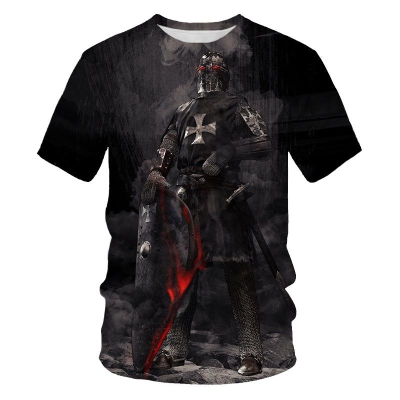 Medieval Knight Templar Print 3D T-Shirt Divine Cross Pattern Men's O-Neck Short Sleeve Casual T-Shirt Vintage Street Clothing_voghion.com