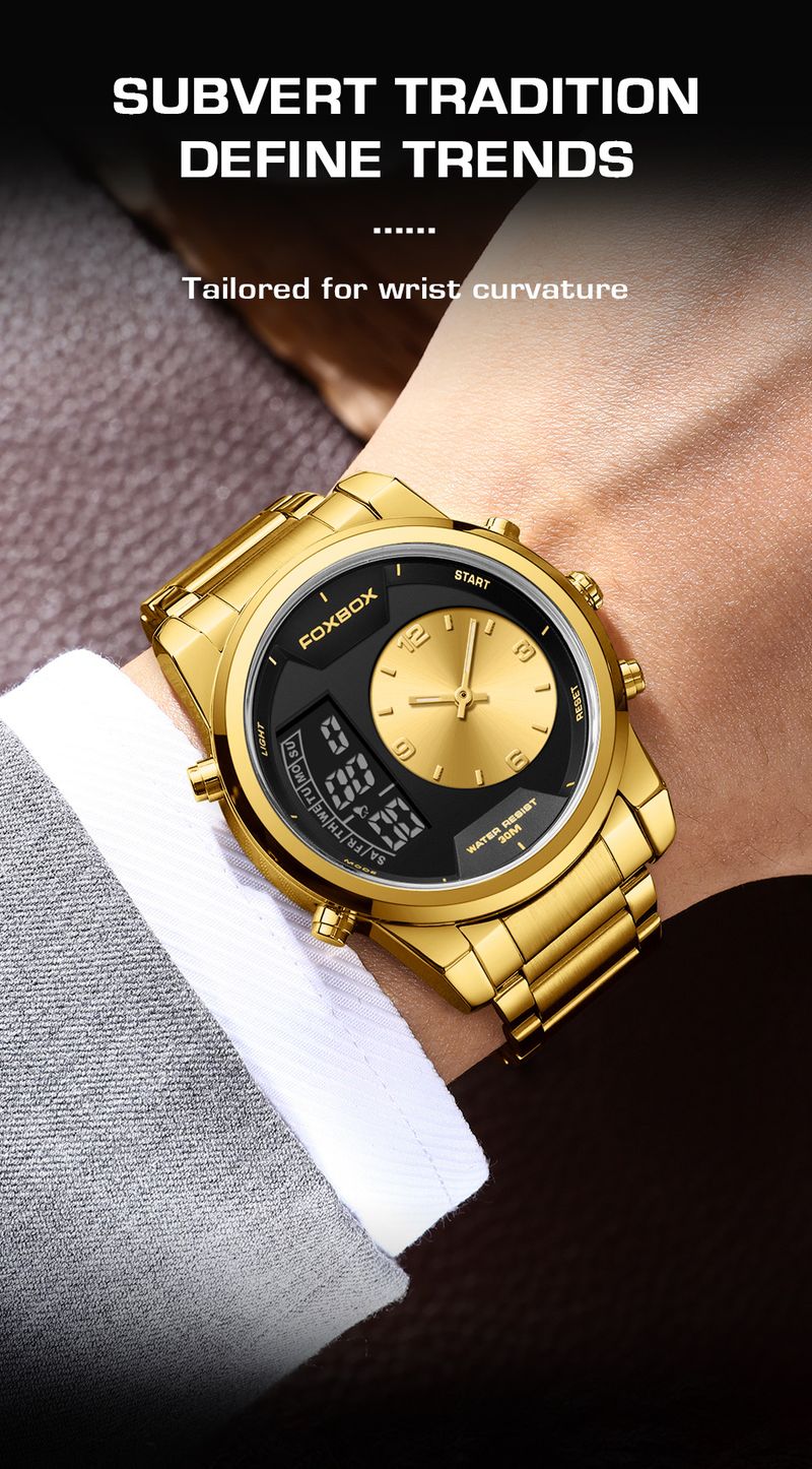 Men's Waterproof Luminous Analog Digital Watch With Alarm Chronograph, Stainless Steel Band, Mineral Glass, 43mm Round Case_voghion.com