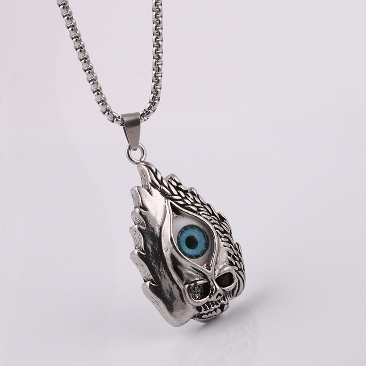 Collana con teschio e fiamma con occhio del diavolo, ciondolo alla moda per uomo e donna, con cappuccio, accessori_voghion.com