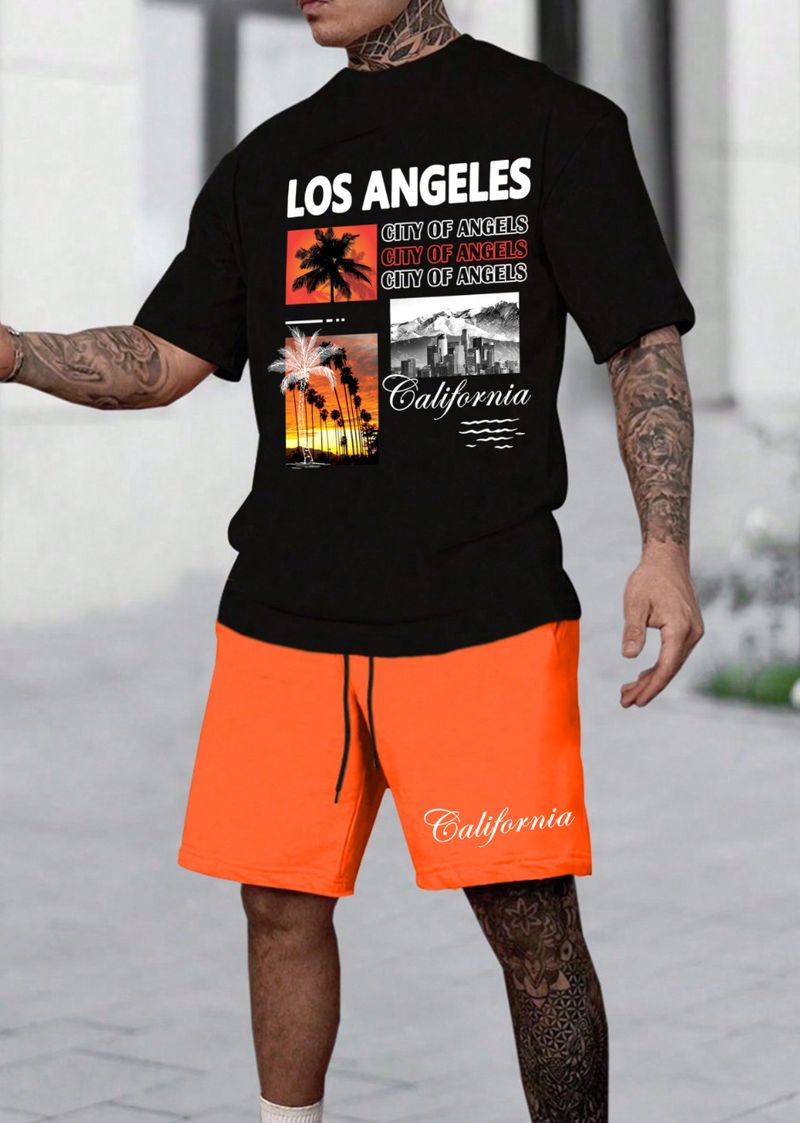 Men's Summer Short Sleeve Shorts Set Coconut Tree Sunset Printing Pattern Casual Contrast Color Trend Matching_voghion.com