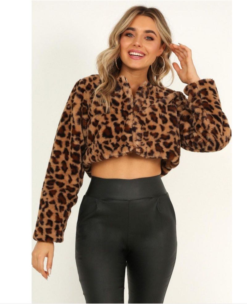 Women's Clothing Short Faux Fur Leopard Print Cardigan Sweater Long Sleeve Cozy Fall Top_voghion.com