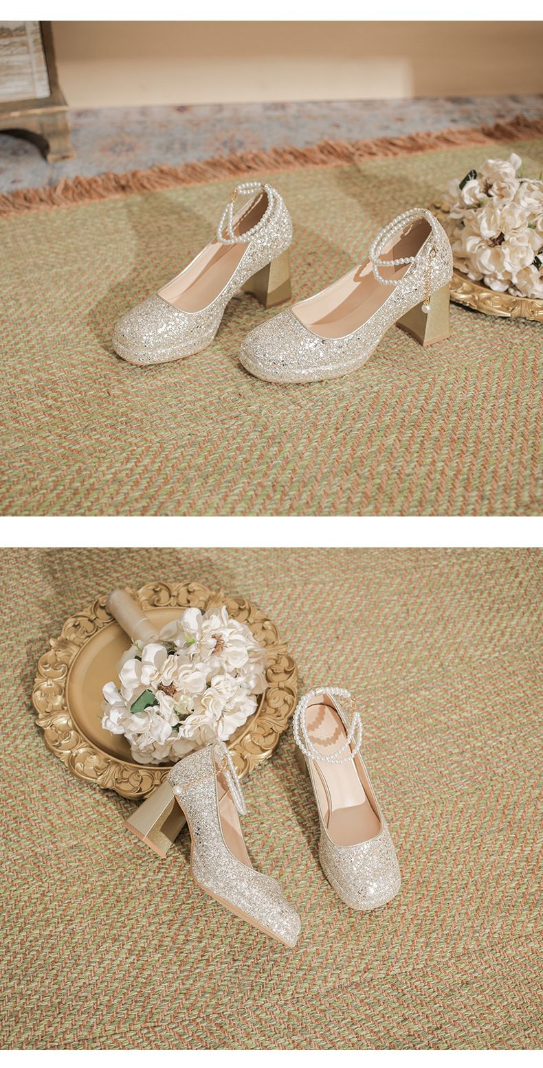 Women's Shoes Waterproof Platform High Heels Thick Heels Square Toe Single Shoes 9cm Small Heightening Sequin Pearl Chain_voghion.com