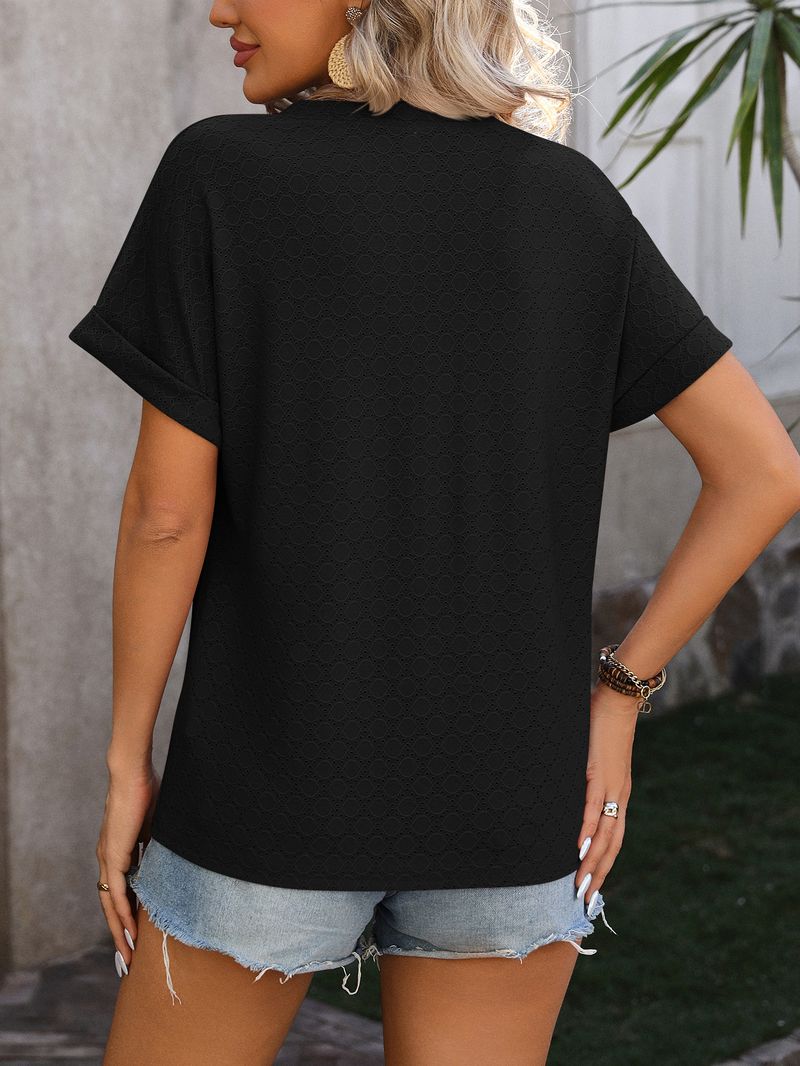 2024 Spring And Summer New V-Neck Button Solid Color Dot Loose Short-Sleeve T-Shirt For Women_voghion.com