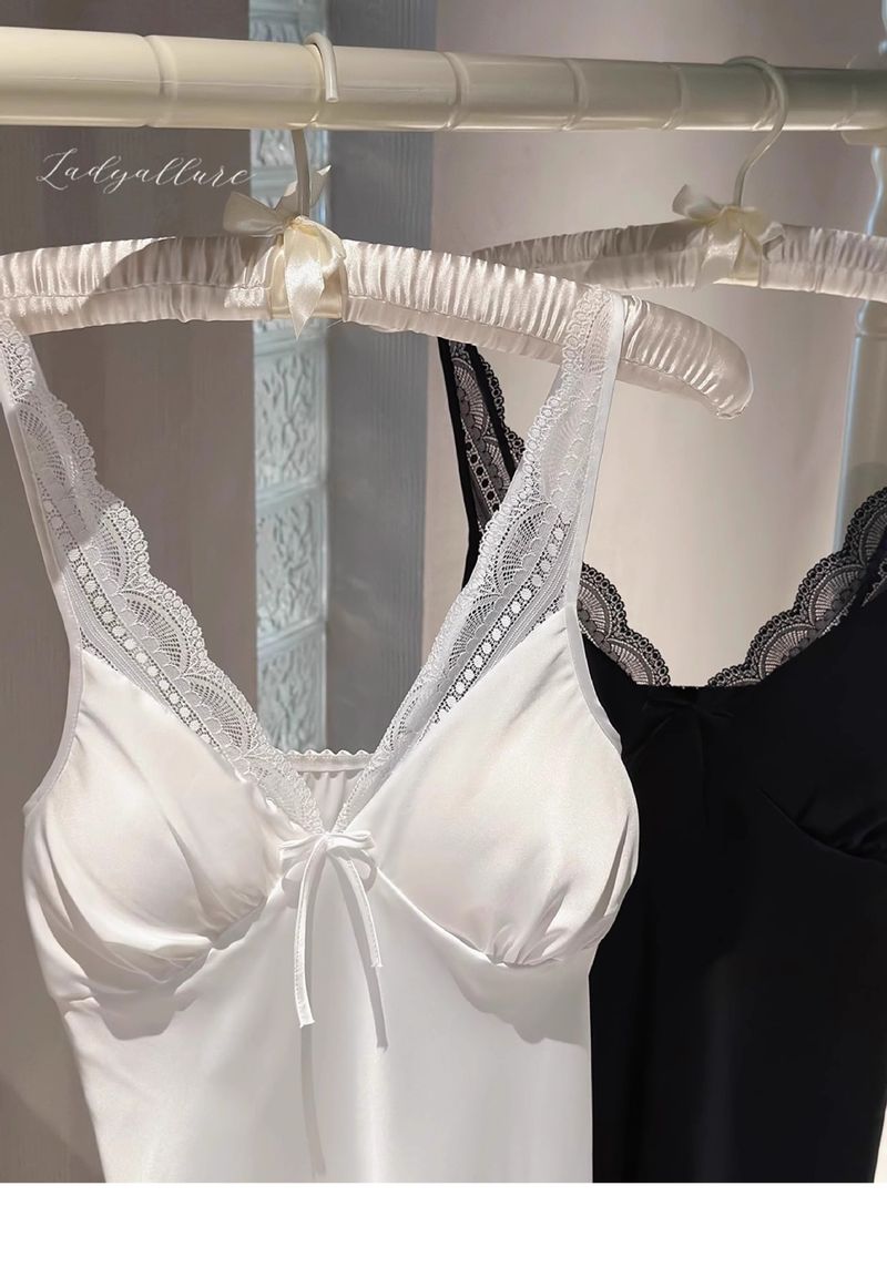 Camicia da notte sexy, delicata sulla pelle, con fiocco in seta ghiacciata, con bretelle in pizzo dolce, comoda e morbida, per il desiderio puro del vento_voghion.com