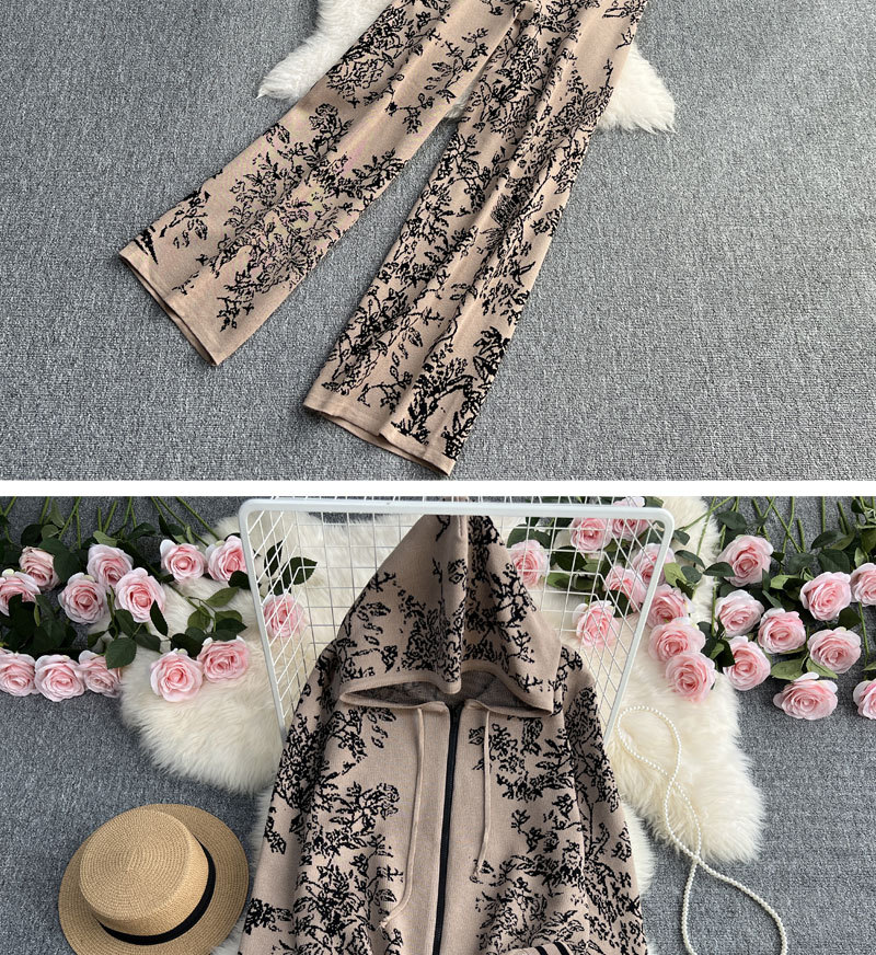Sweat-shirt tricoté à capuche et fermeture éclair en jacquard pour femmes, ensemble deux pièces, taille haute, pantalon à jambes larges_voghion.com