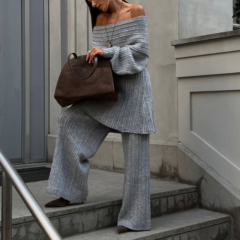 Solid Color Knit Sweater & Wide-Leg Pants Set – Elegant Office Wear, Oversized Pullover & Flowy Trousers_voghion.com