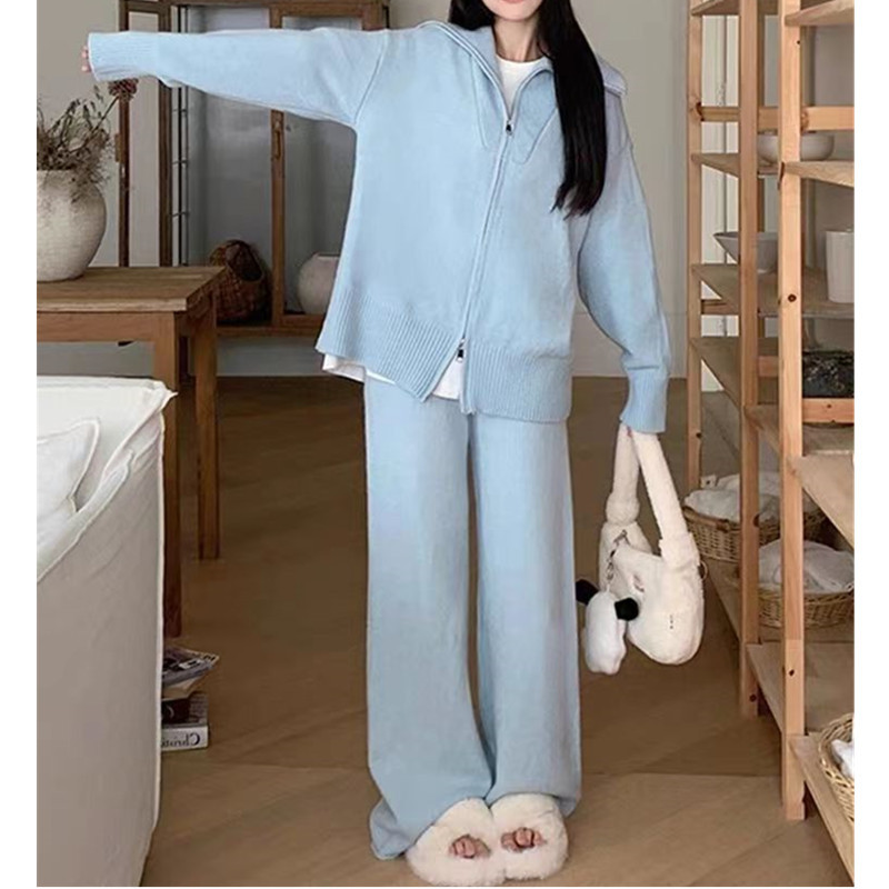 Set di pantaloni larghi a vita alta con cardigan occidentale lavorato a maglia coreano con cerniera autunno/inverno 2023_voghion.com