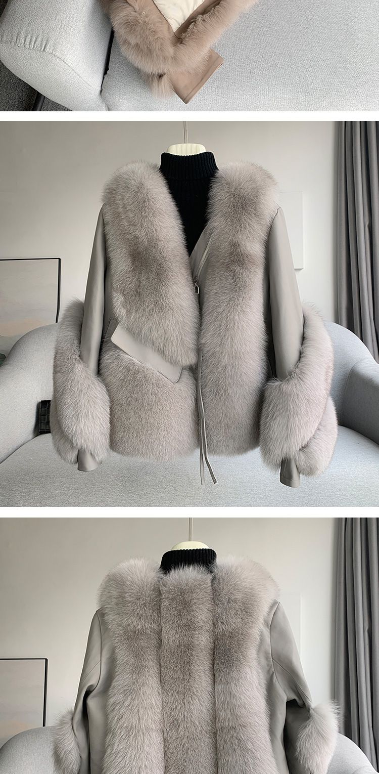 Women’s Short Shearling & Fox Fur Coat – Genuine Leather Outer With Luxe Fox Fur Lining, Elegant Winter Jacket For Fashion_voghion.com