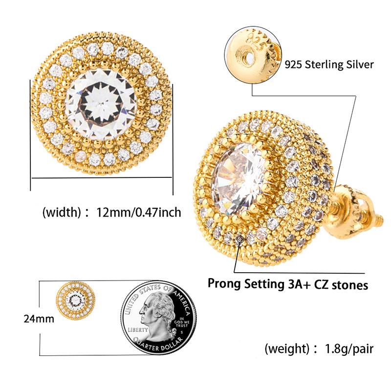 Orecchini a bottone Hip Hop con zirconi cubici rotondi da donna, per uomo e donna, placcati in argento 925, alla moda ed eleganti._voghion.com