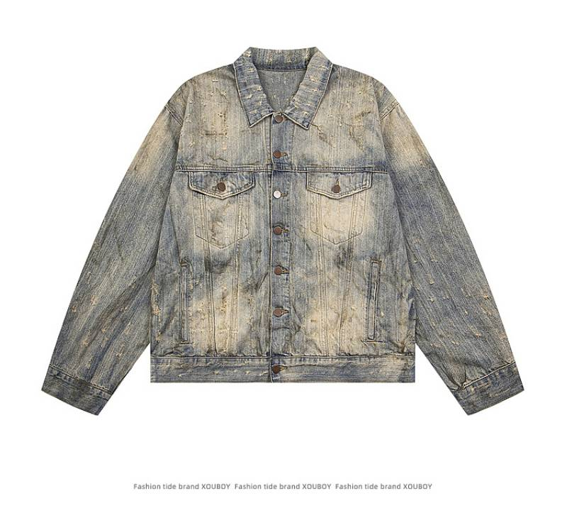 Vintage Washed Distressed Denim Jacke - Streetwear Boxy Fit mit Bambusstruktur & Schlammfarbe für den Cleanfit-Stil von Herren_voghion.com