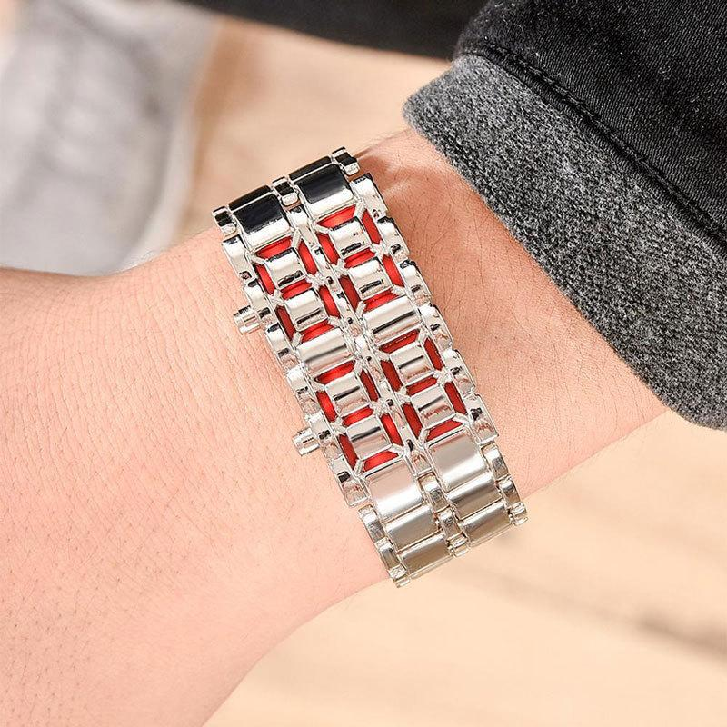 Men's LED Digital Watch With Alloy Steel Band, Red & Blue Light Display, Mineral Glass Face, Rectangle Dial Light Display Digital Watch_voghion.com