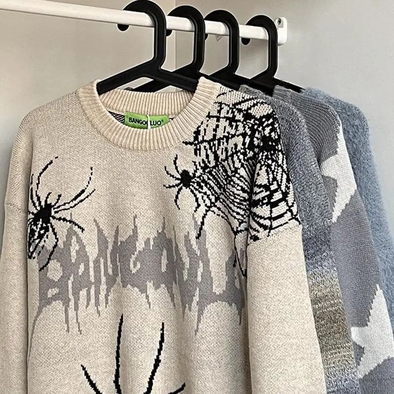 Herrenbekleidung Herren- und Damen-College-Pullover mit Rundhalsausschnitt – Street-Hip-Hop-Strickpullover im Spider-Distressed-Design für Teenager und junge Erwachsene_voghion.com