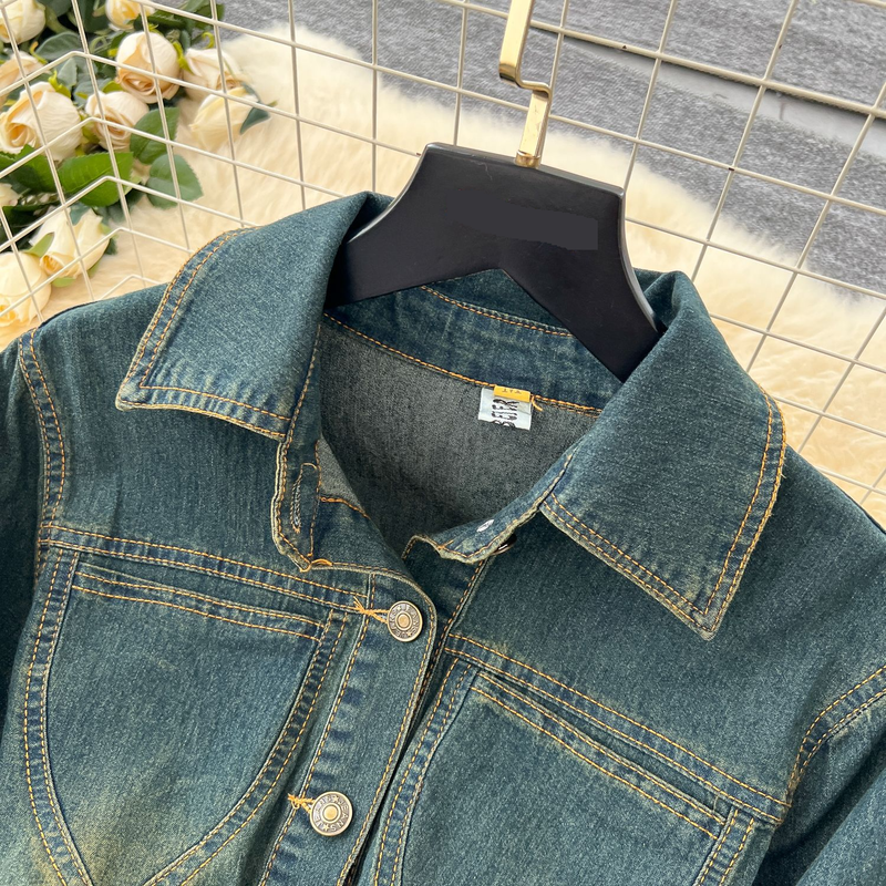 Abito midi a trapezio con cintura in vita, a maniche lunghe, in denim, stile retrò francese, da donna, vestibilità slim, con colletto a revers_voghion.com