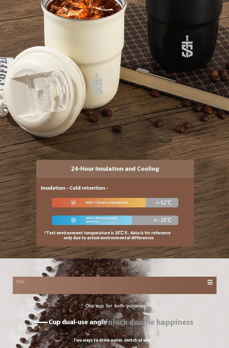 Copo de café moderno e minimalista – Caneca de viagem de aço inoxidável de 320 ml com pega confortável, tampa à prova de vazamentos para bebidas quentes e frias, escritório_voghion.com