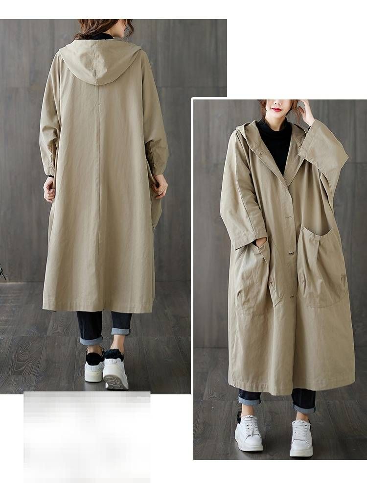 Elegant Oversized Hooded Trench Coat For Women – Long Knee-Length Design With Large Pockets, Casual & Office Wear, Available In 5 Classic Colors_voghion.com