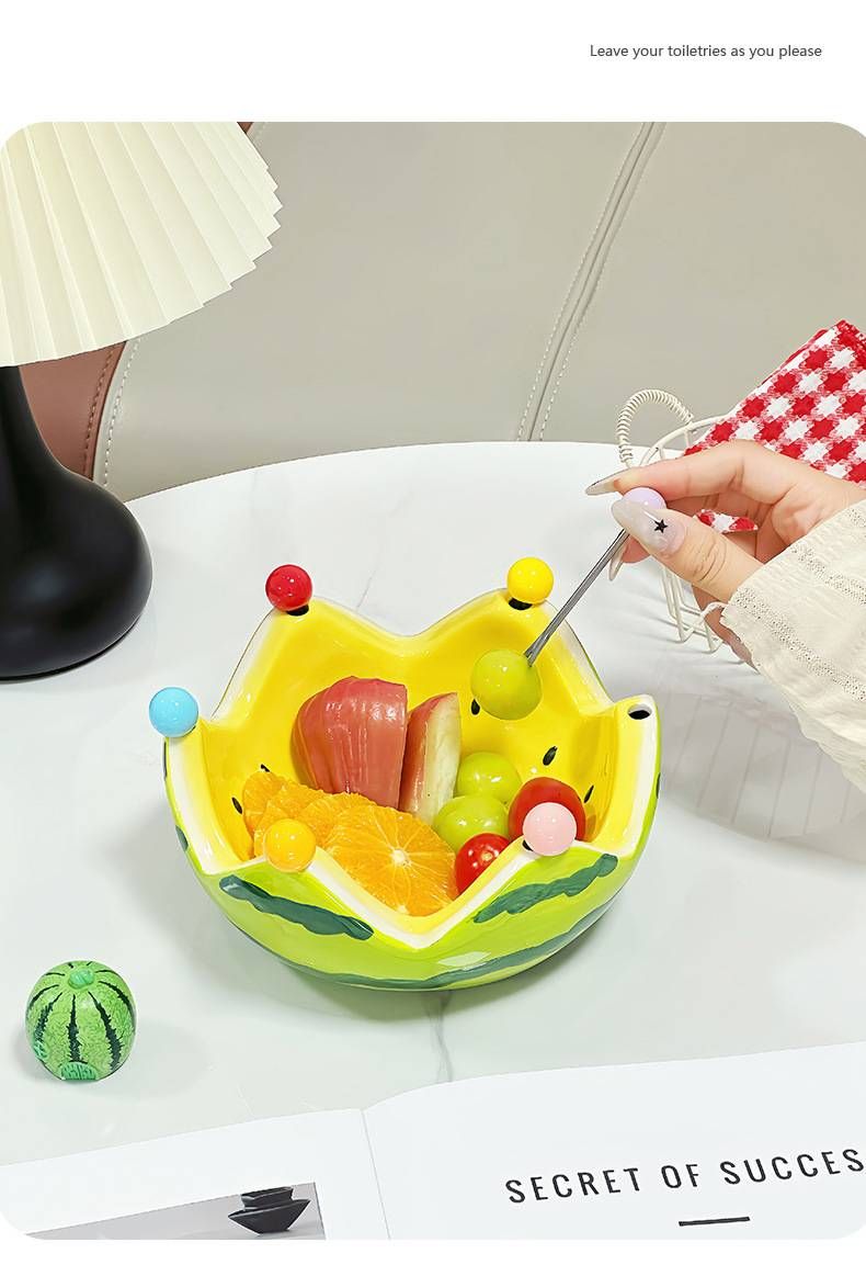 Wassermelonen-Obstteller, kreatives Keramik-Obstgabel-Set, große Kapazität, Wohnzimmer-Teetisch, Obstschale, Teller, süßes kleines Ornament_voghion.com