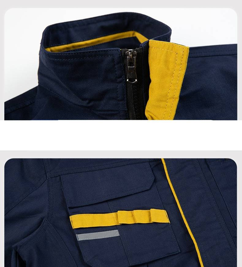 Ensemble de vêtements de travail bicolores pour homme avec bandes réfléchissantes et impression personnalisée – Combinaison de mécanicien en polyester durable, uniforme d'usine pour la sécurité et le confort_voghion.com