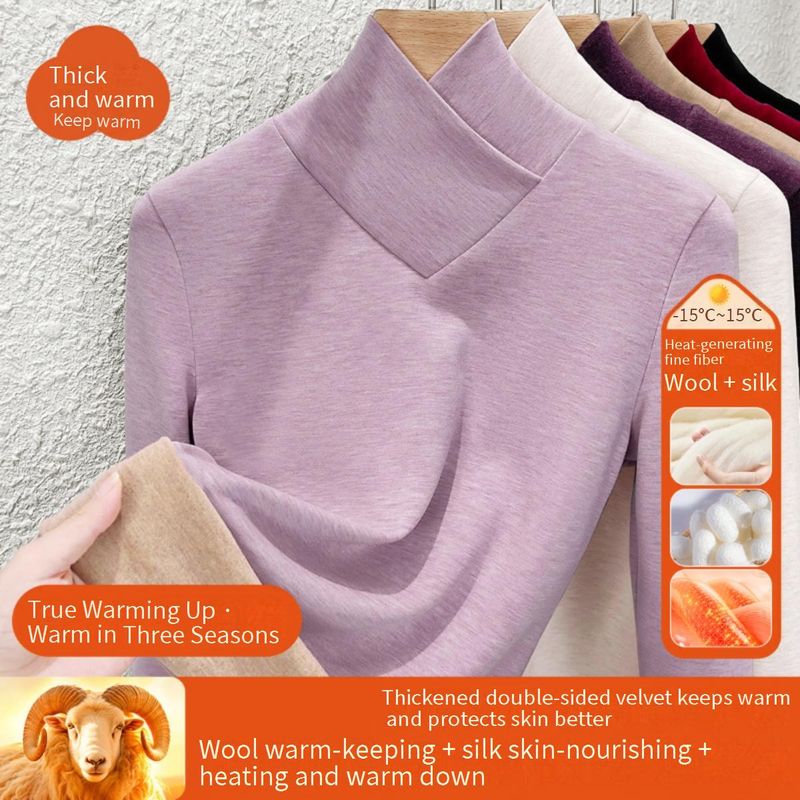 Soossn Women's Thermal V-Neck Long Sleeve Top - Soft Wool Silk Fleece Lined, Warm & Stretchy, Slim Fit, Comfortable Base Layer For Winter_voghion.com