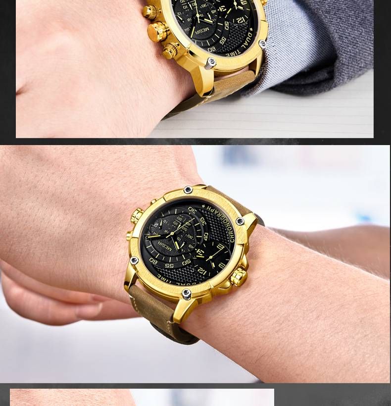 Orologio da uomo GMT Dual-Time – Cinturino in vera pelle da 48 mm con data e indicatore delle 24 ore (cronografo resistente all'acqua per viaggi e lavoro)_voghion.com