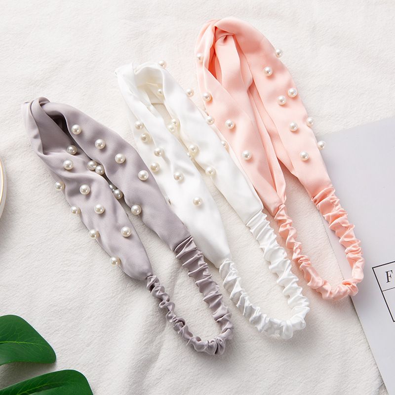Fascia per il lavaggio e il trucco del viso da donna coreana, semplice fascia elastica per capelli incrociati, fascia per capelli con perle_voghion.com
