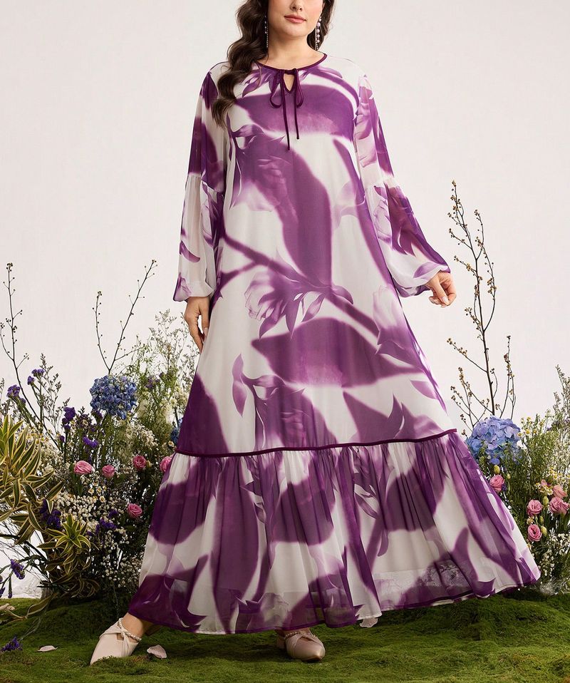 Plus Size Dress With Artistic Tie-Dye Print | V-Neck Long Sleeve Wrap Belt Maxi Dress | Elegant A-Line Flowy Dress For Women (Purple, 0XL-4XL)_voghion.com