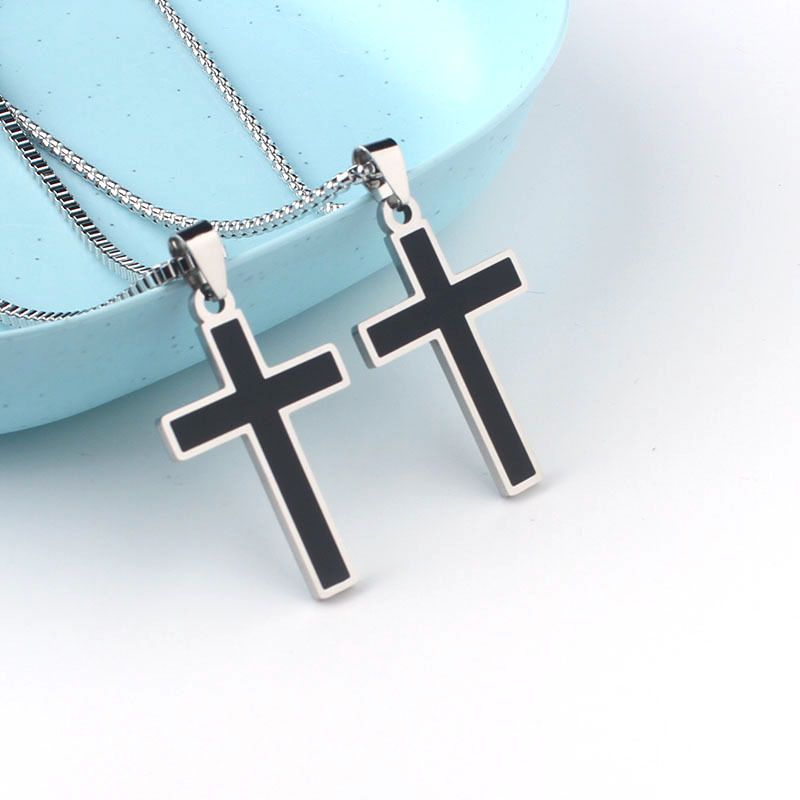 Black Cross Hip-Hop Titanium Necklace Oil Drop Pendant Simple Unisex Sweatshirt Sweater Chain Stainless Steel Jewelry_voghion.com