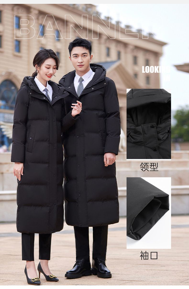 Damen Mittellange Daunenjacke Juweliergeschäft Berufsbekleidung Hotelrezeption Verkaufsabteilung Schwarzer Baumwollmantel_voghion.com