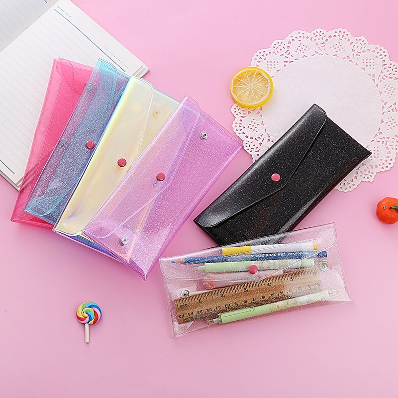 Trousse à crayons transparente au laser simple et créative de style ins, portable, pliable, à clipser, finition de facture, sac de rangement de papeterie, lot_voghion.com