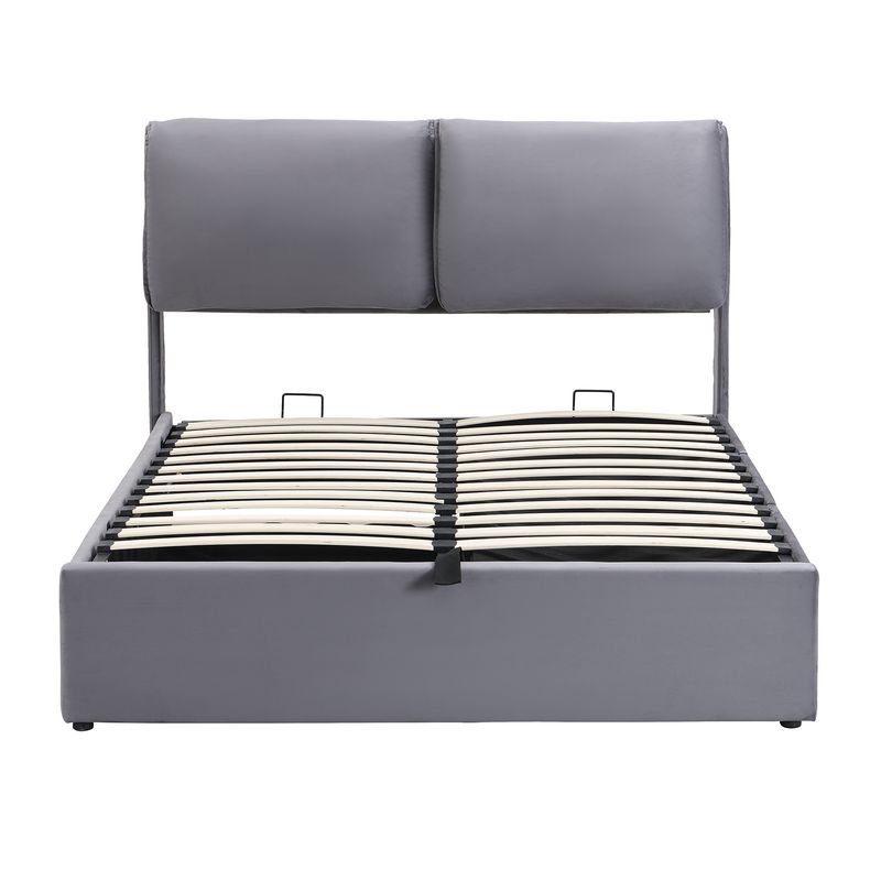 Cadre de lit coffre hydraulique rembourré en velours avec 3 tiroirs, sommier à lattes, tête de lit, 140 x 200 cm, gris, matelas non inclus_voghion.com