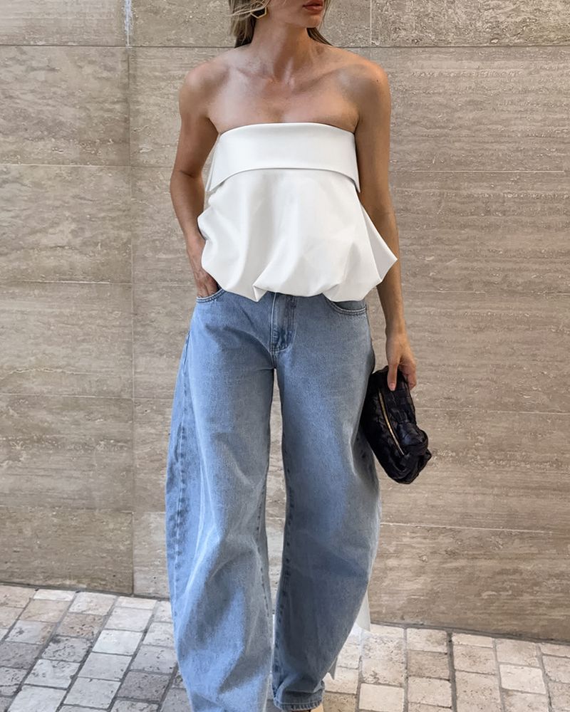 2025 Summer White Satin Tube Vest With A Sense Of Design, Short Puff Sleeveless Top For Women_voghion.com