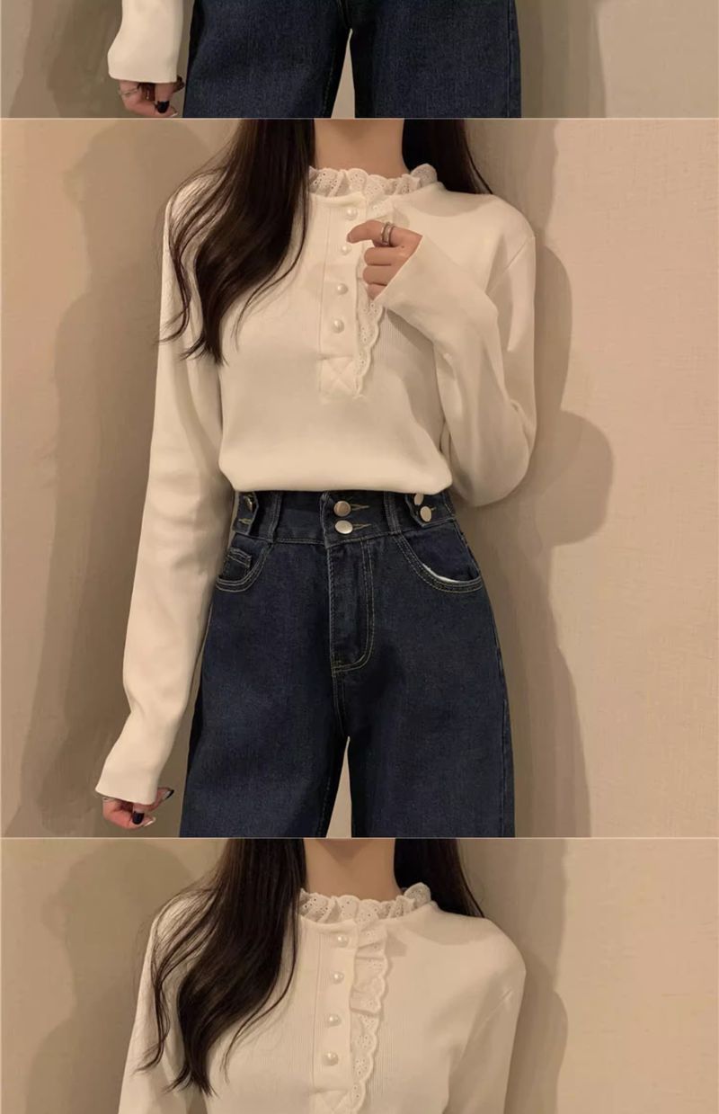 Dolce maglione in stile western con design unico, maglia a maniche lunghe con base in albicocca e pizzo con orecchie di legno, autunno e inverno_voghion.com