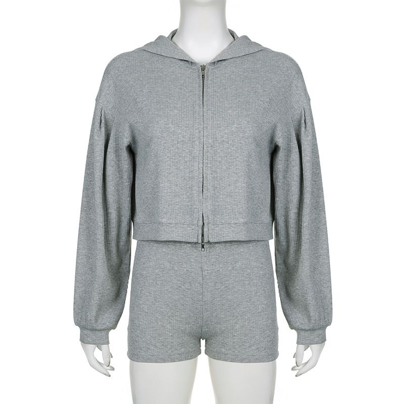 Women's Clothing Solid color knitted zipper hooded cardigan sweatshirt V neck triangle cup bra high waisted tight shorts casual three piece set_voghion.com