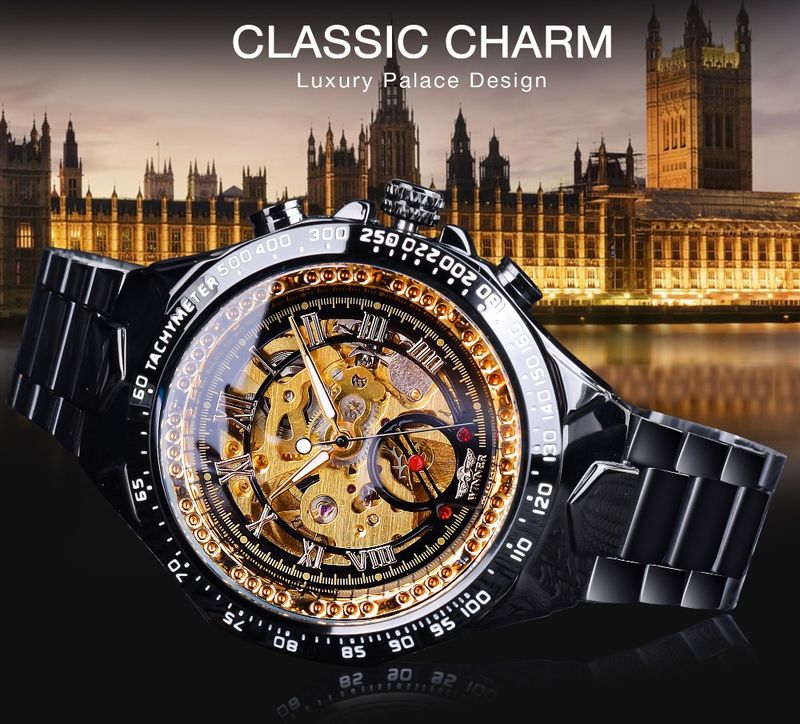 Men's Premium Gold-Toned Skeleton Automatic Mechanical Watch With Stainless Steel Band - 44mm Round Dial, Mineral Glass, Fold-Over Clasp Mechanical_voghion.com
