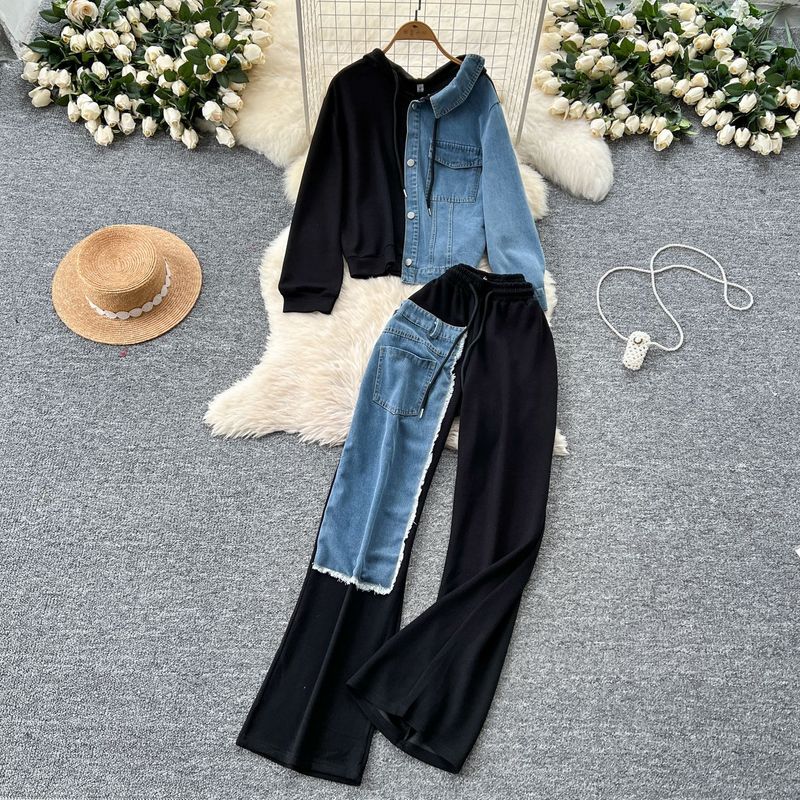 Casual Suit For Women Fashionable Design Splicing Hooded Sweatshirt High Waist Denim Splicing Wide Leg Pants Two Piece Set_voghion.com