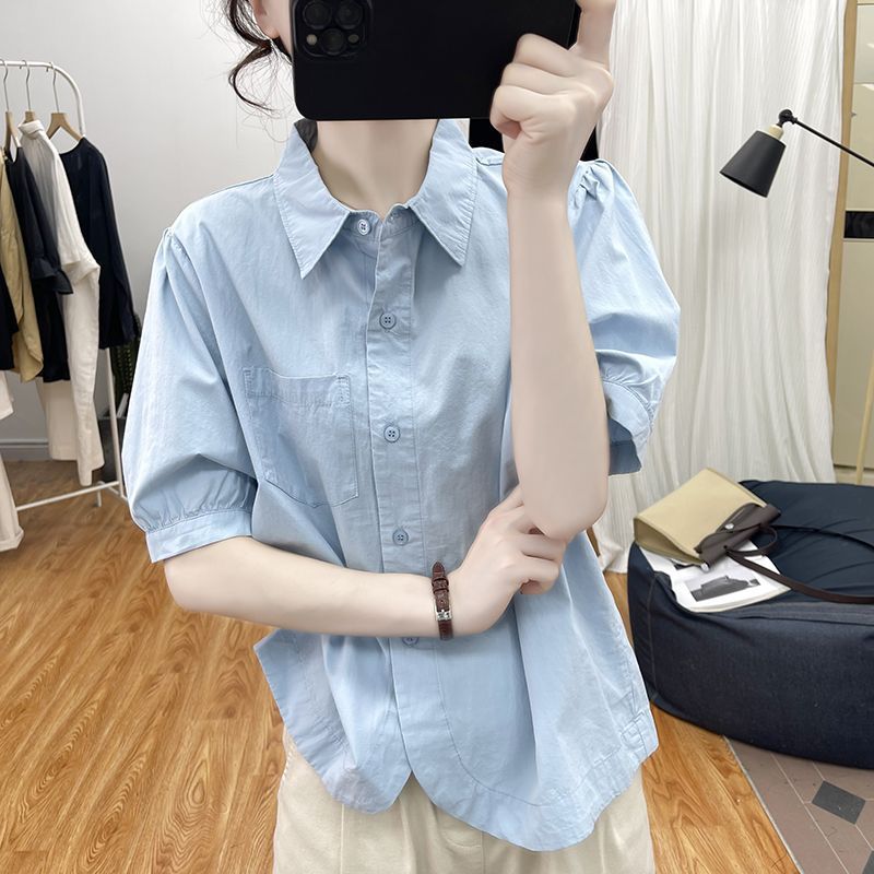Summer Clothing Design Sense, Cotton Irregular Lantern Sleeve Short Sleeved, Women's Anti-Aging Top New Lapel_voghion.com