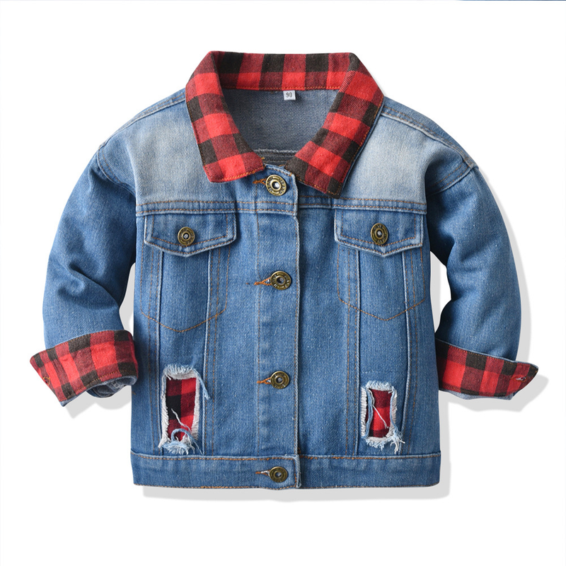 abbigliamento per bambini Giacca in denim per bambini manica lunga camicia in denim finto a due pezzi con quadri rossi neri_voghion.com
