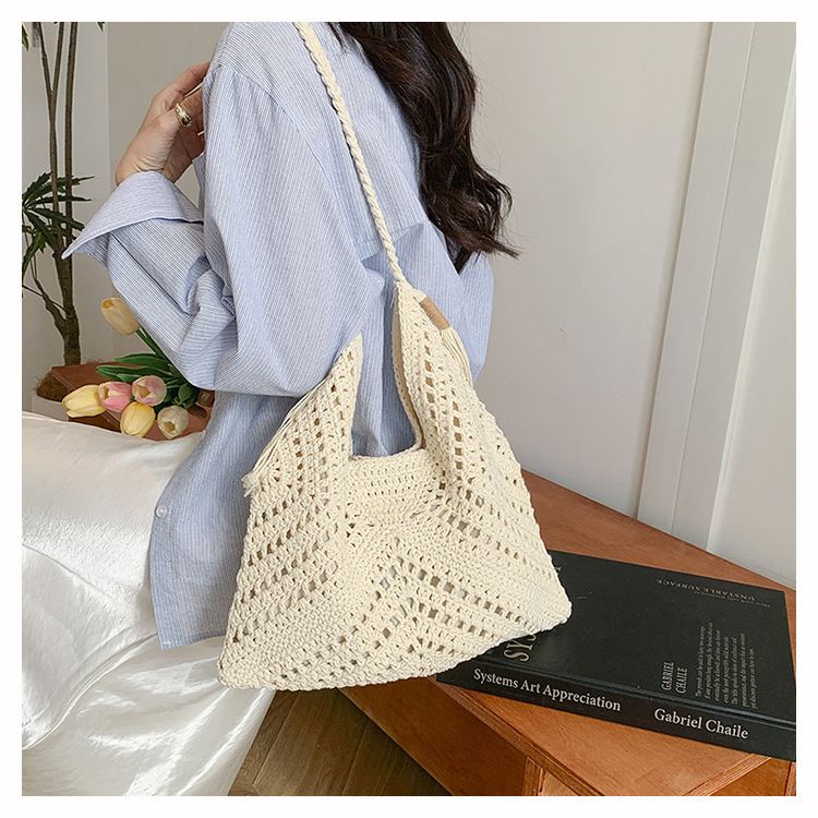 Borsa di paglia Borsa intrecciata Borsa intrecciata di grande capacità Borsa di paglia con frange da donna Borsa da spiaggia per vacanze al mare Borsa a tracolla casual da ascella_voghion.com