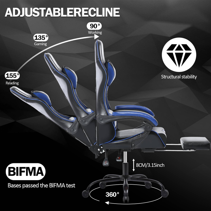 Multifunktionaler Gaming-Stuhl mit ergonomisch verstellbarer Rückenlehne, Armlehnen mit Verbindungsstücken und hochdichtem Kissen, Blau_voghion.com