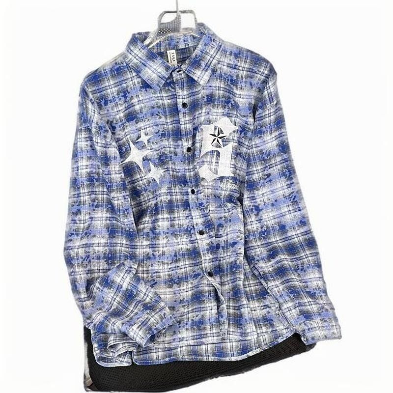 Erkekler İçin Vintage Yıkamalı Büyük Boy Grunge Flanel Desenli Tie-Dye Kareli Gömlek_voghion.com