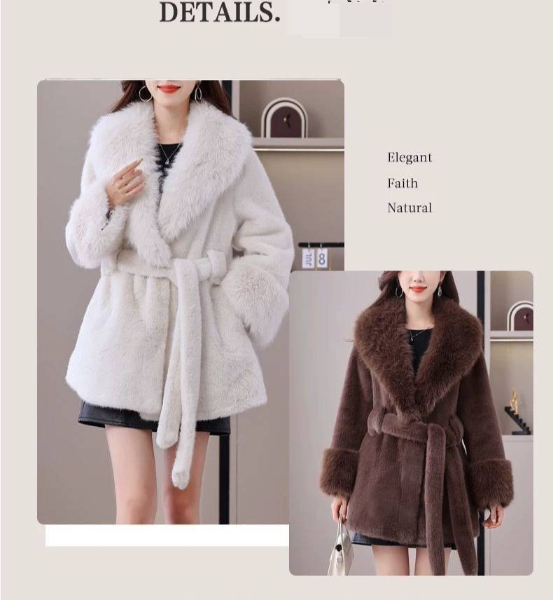 Women's Clothing New Leopard Fur Coat Fur One Piece Outer Wear Mid Length Large Fur Collar Stylish Imitation Fox Fur Collar Coat Winter_voghion.com