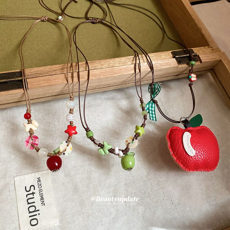 Naszyjnik z woskowanego sznurka z koralikami i ceramicznym jabłkiem w kształcie gwiazdy, letni świeży łańcuszek obojczykowy, choker Niche Design Sense dla kobiet_voghion.com