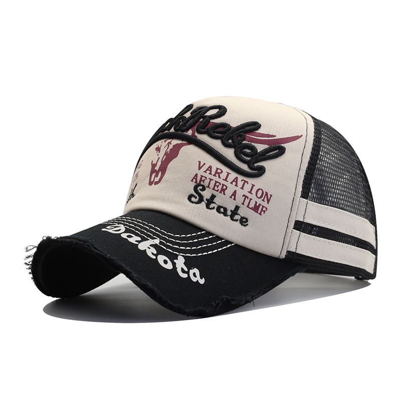 Men's Hats New Style Washed Mesh Baseball Cap Men's Spring And Summer Fashion Bull Head Pattern Letter Embroidered Duckbill Cap Mesh Cap_voghion.com