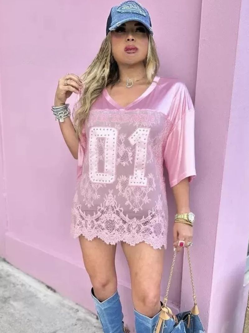 T-shirt à manches courtes imprimé K New, ample, décontracté, style streetwear, transparent, sexy, en dentelle._voghion.com