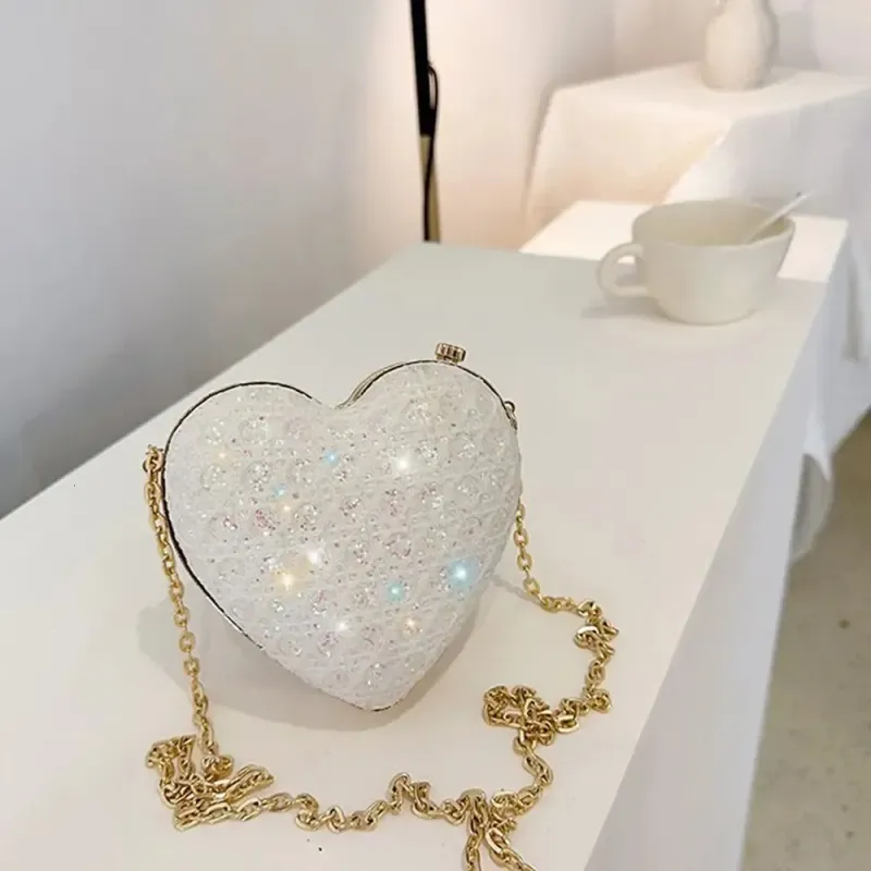 Borsa da sera a forma di cuore, decorazione in seta lucida color oro, pochette da banchetto, tracolla a catena, per matrimonio e festa 250408l_voghion.com