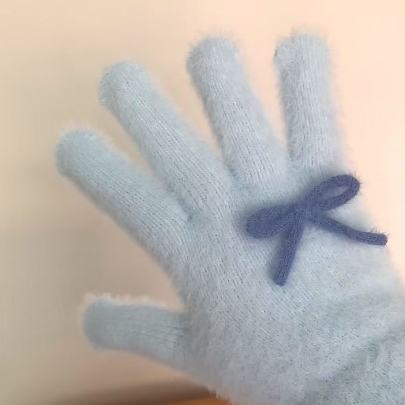 Guanti invernali da donna con dita, spessi e caldi, in peluche, con fiocco a forma di cuore, in polvere di latte blu_voghion.com