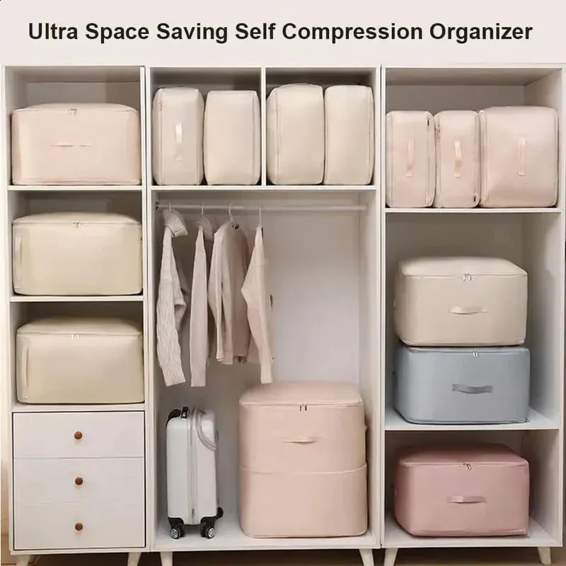 Komprimierte staubdichte Organizer-Aufbewahrungstasche mit großer Kapazität, feuchtigkeitsbeständige Kleidung, Baumwollsteppdecke, mobil, selbstkomprimierend_voghion.com
